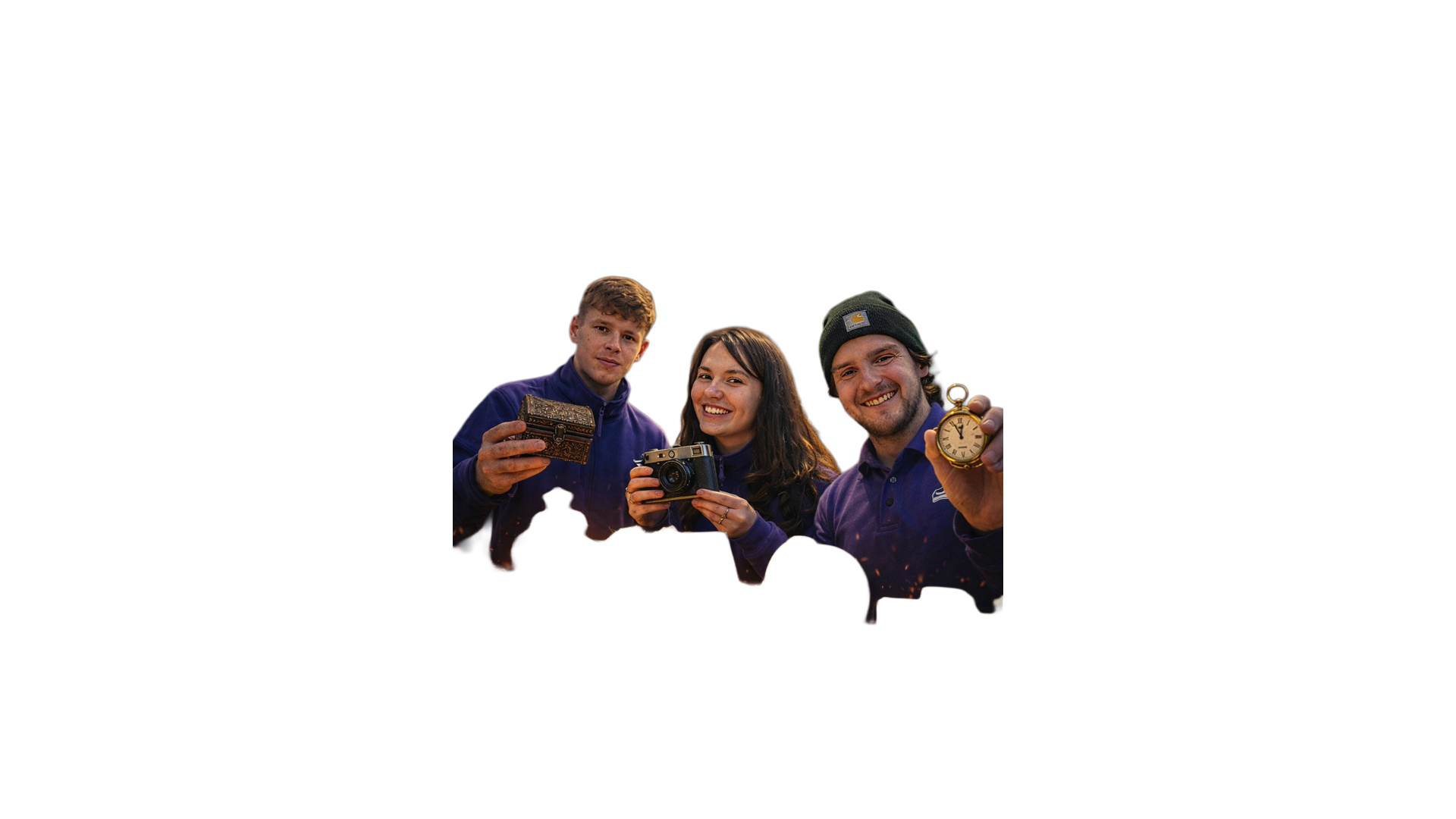 The House of Cornwall team holding antique finds at the back of a container