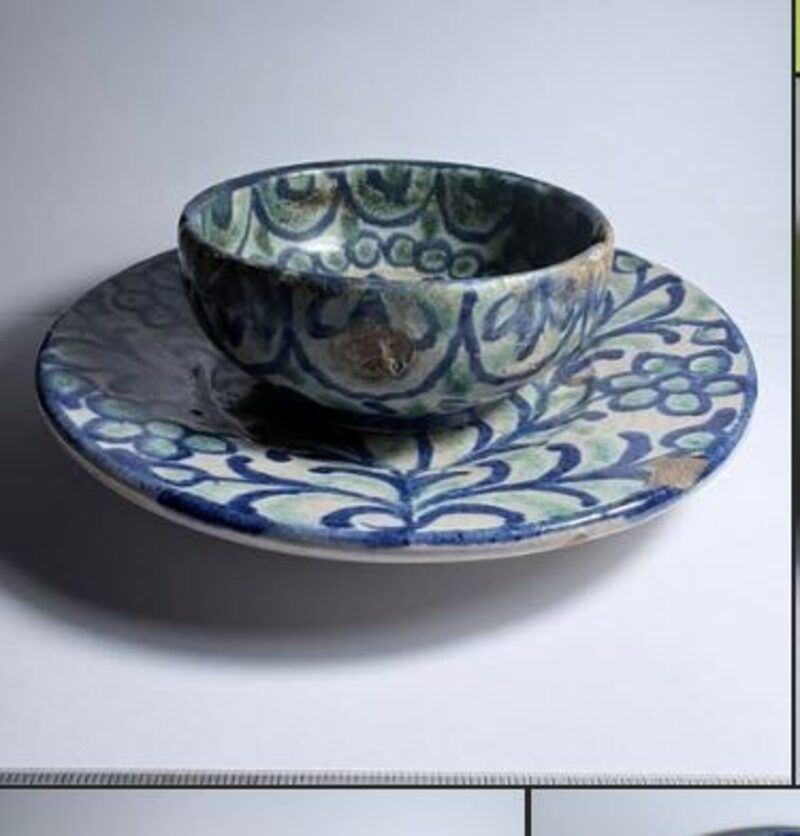 An antique blue and green glazed pottery bowl and dish